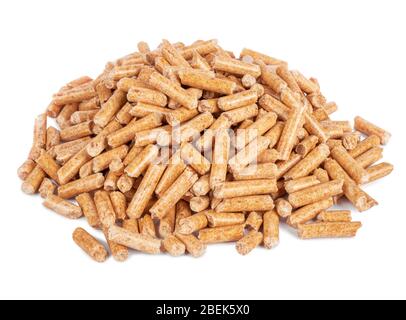 Pile of compressed wood pellets on white background. Biofuel Stock Photo