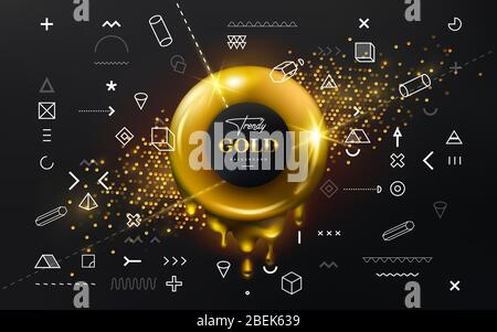 Trendy geometrical shapes with golden liquid donut shape in the center. Stock Vector