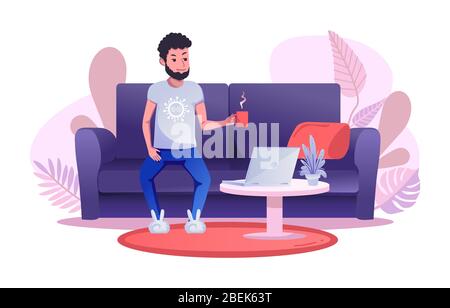 A man works remotely, sitting on the sofa and drinking a cup of tea or coffee. Completed flat cartoon vector illustration. Stock Vector
