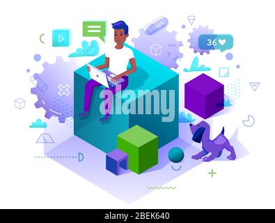 African man sits on the gigantic cube and working with pleasure. Colored illustration with set of social media icons and trendy geometrical shapes Stock Vector