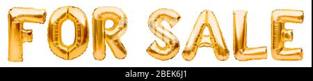 Words FOR SALE made of golden inflatable balloons isolated on white background. Helium balloons gold foil forming words for sale. Discount and Stock Photo