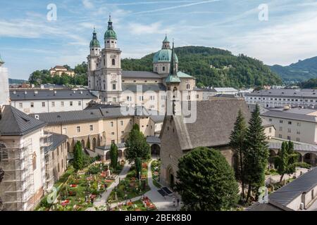 View overlooking the Petersfriedhof (St. Peter's Cemetery) from the catacomb chapel, Salzburg, Austria. Stock Photo