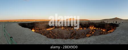 Panoramic photos of the Darvasa Crater, also known as the Doorway to Hell, the flaming gas crater in Darvaza (Darvasa), Turkmenistan Stock Photo