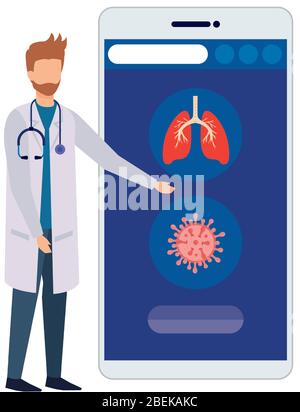 medicine online in smartphone with doctor male and covid 19 icons Stock Vector