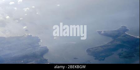 Aerial view of the city of Plymouth and Rame Head with Heybrook Bay, Down Thomas and the River Tamar and River Plym in Devon. Stock Photo