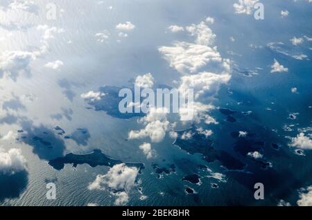 Aerial view of the Scilly Isles off the coast of Cornwall.  View looking south from St Martins towards St Mary's with the island of Tresco to the righ Stock Photo