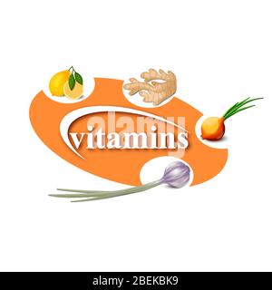 A set of natural products contain vitamins that increase immunity. Emblem isolated on white background. Stock vector illustration Stock Vector