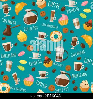 Coffe style seamless pattern with drinks and sweets and lettering. Stock Vector