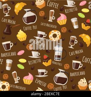 Coffe style seamless pattern with drinks and sweets and lettering. Stock Vector