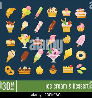 Flat icons in Ice Cream and Dessert info-graphic icons set. Stock Vector