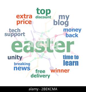 Text Happy Easter. Holiday concept . Word cloud collage. Background with lines and circles Stock Photo