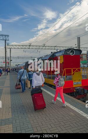 Moscow/Russia; July 14 2019: Yaroslavsky train station with passengers walking with luggage Stock Photo