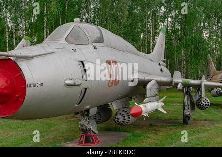 Moscow/Russia; June 26 2019: Sukhoi Su-17M3 soviet strike fighter close view, displayed in russian military aircraft museum Stock Photo