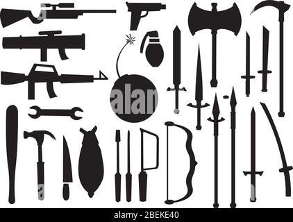 Black silhouette of different types of tools and weapons against white background. Vector illustration. Stock Vector