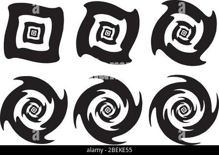 Concentric black and white geometric shapes with twirling and round spinning optical illusion effects isolated on white background Stock Vector