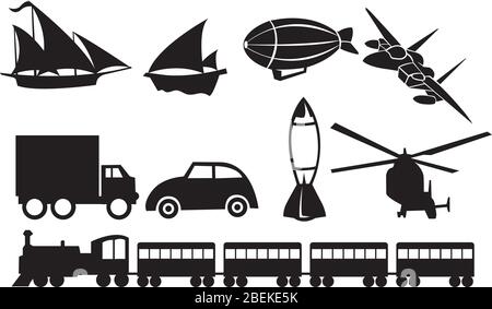 Vector illustration of different modes of transportation vehicles silhouettes. Stock Vector