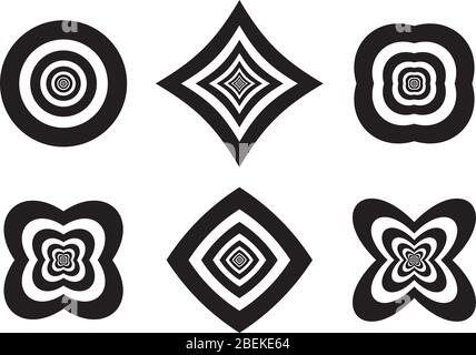 Vector set of black and white concentric shapes with optical illusion effect, like a tunnel of lights Stock Vector