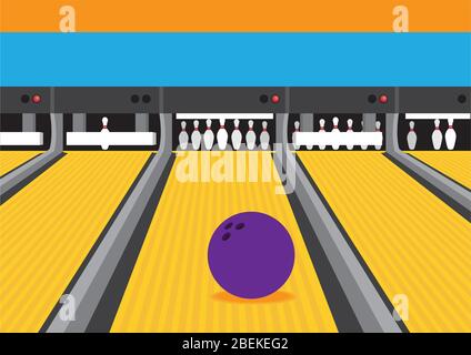 Vibrant colored vector illustration of bowling ball rolling on bowling lane towards pins and pinsetter at the end of alley. Stock Vector