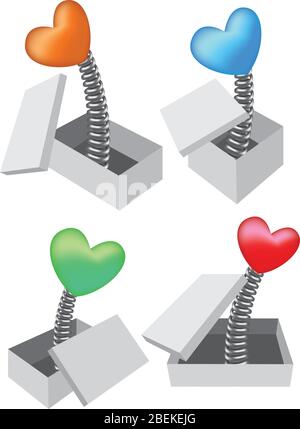 Vector illustration of heart-shape toy popping out of box in four different colors. Stock Vector