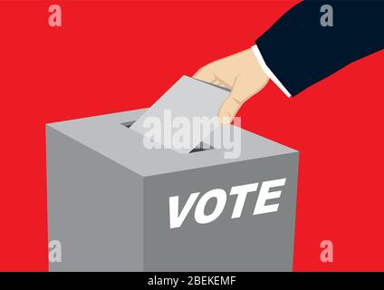 Hand holding ballot paper dropping inside an election box. Concept of voting. Isolated vector illustration. Stock Vector