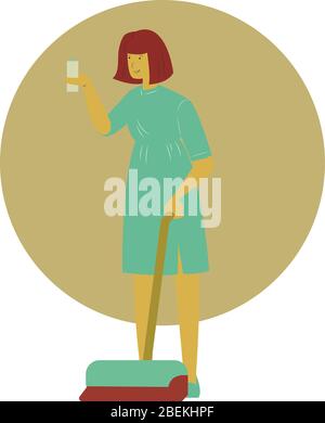 Vector housewife with vacuum cleaner and spray in her hands flat cartoon illustration Stock Vector