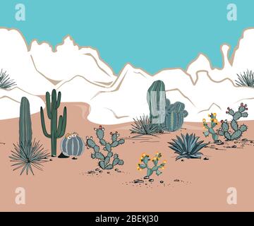 Seamless pattern with mountains, blooming cacti, opuntia, blue agave, and saguaro. Desert landscape. Vector background Stock Vector