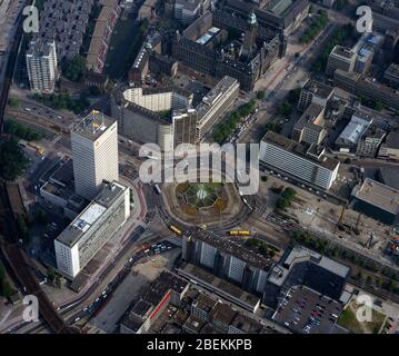 Rotterdam, Holland,August 8 - 1988: Historical aerial photo of the Hofplein, town square with a fountain in the middle Stock Photo