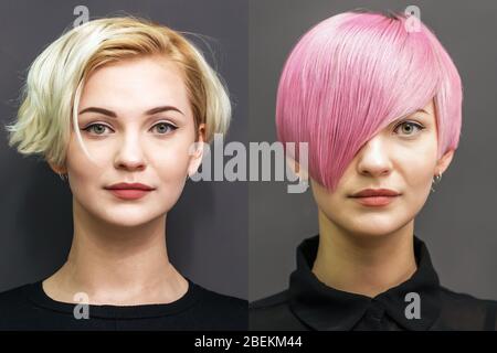Woman before and after dyeing hair in pink color. Stock Photo