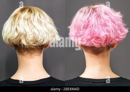 Woman before and after dyeing hair in pink color. Stock Photo