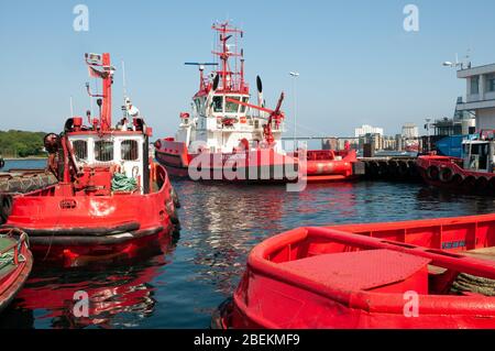 Stavanger, Norway - July 31 2008: Pier of the fire department of Stavanger city, group of fire boats ready for the the public service. Stock Photo