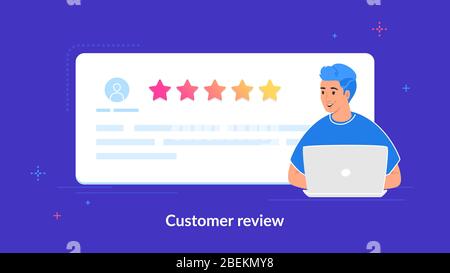 Customer review and user testimonials fulfilled form. Flat teenage man using laptop to leave comment and rate a service or goods. Customer feedback an Stock Vector