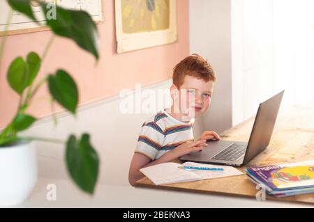 Pre-teen boy focusing on his school work at the computer during homeschooling due to the coronavirus lockdown Stock Photo