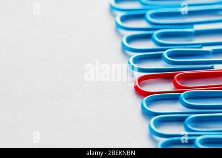 Red paper clip stands out from the crowd among blue paper clips. Stock Photo