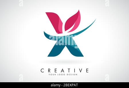 Blue and Red Letter X with Leaf and Creative Swoosh Logo Design Vector Illustration. Stock Vector