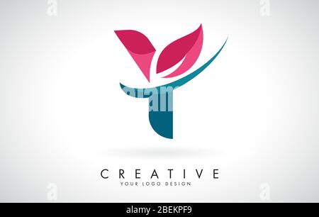 Blue and Red Letter Y with Leaf and Creative Swoosh Logo Design Vector Illustration. Stock Vector