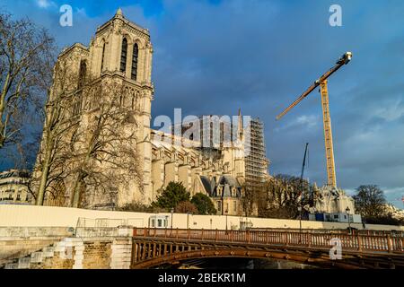 Reconstruction work on Notre Dame cathedral following the 2019 fire. Paris, France. February 2020. Stock Photo