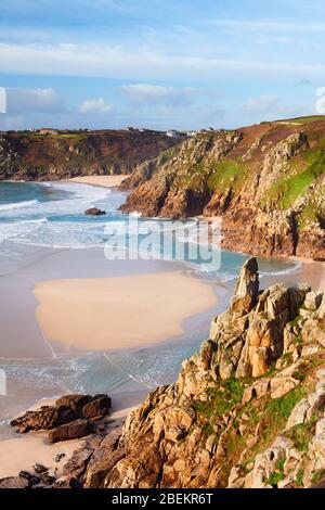 View overlooking Pedn Vounder and Porthcurno Stock Photo