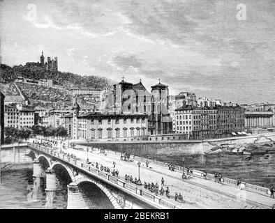 View over Lyon with the Basilica of Notre-Dame of Fourvière and the Pont Bonaparte or Bridge over the River Saone France in late 19th Century. Vintage or Old Illustration or Engraving 1887 Stock Photo