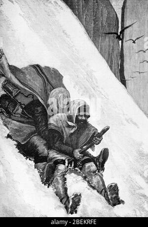 Sleigh or Sledging on Winter Snow in the Andes Mountains South America. Vintage or Old Illustration or Engraving 1887 Stock Photo
