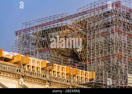 Scaffolding on Notre-Dame de Paris cathedral, showing damage from the 2019 fire. Paris, France. February 2020. Stock Photo