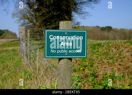 conservation area no public access sign on post in countryside, north norfolk, england Stock Photo