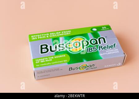 Photograph of Box of Buscopan IBS Relief tablets Stock Photo