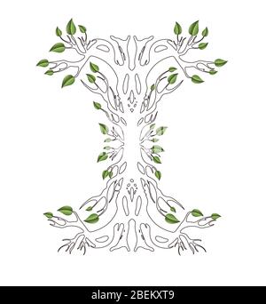 Tree silhouette with roots and leaves, abstract design, isolated object on white background blank Stock Photo