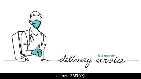 Delivery service, courier wearing face mask and gloves. Thumb up and backpack. Vector simple illustration. Promotion web banner, background. Delivery Stock Vector