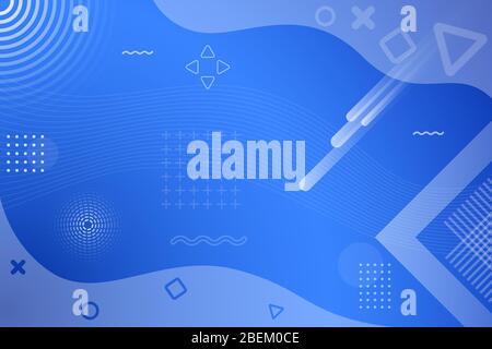 Abstract geometric background in blue with different shapes such as arrows, wavy lines, triangles, circles, crosses. Stock Vector