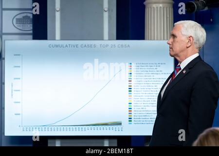 Washington, United States Of America. 13th Apr, 2020. Washington, United States of America. 13 April, 2020. U.S. Vice President Mike Pence, listens to a question from reporters during the daily COVID-19, coronavirus briefing in the Press Briefing Room of the White House April 13, 2020 in Washington, DC. Credit: D. Myles Cullen/Education Department/Alamy Live News Stock Photo