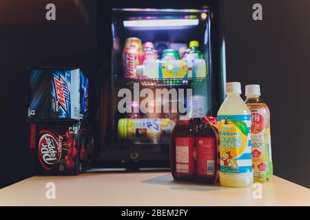 Ufa, Russia, Soda Shop, 3 July, 2019: Grocery store shelf with various brands of soda in cans. Pepsi Co is one of the largest corporations in the non- Stock Photo