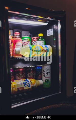 Ufa, Russia, Soda Shop, 3 July, 2019: Grocery store shelf with various brands of soda in cans. Pepsi Co is one of the largest corporations in the non- Stock Photo