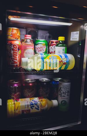 Ufa, Russia, Soda Shop, 3 July, 2019: Grocery store shelf with various brands of soda in cans. Pepsi Co is one of the largest corporations in the non- Stock Photo