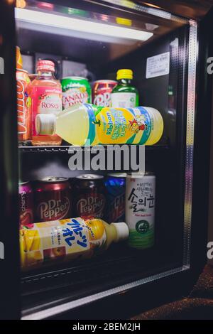 Ufa, Russia, Soda Shop, 3 July, 2019: Grocery store shelf with various brands of soda in cans. Pepsi Co is one of the largest corporations in the non- Stock Photo